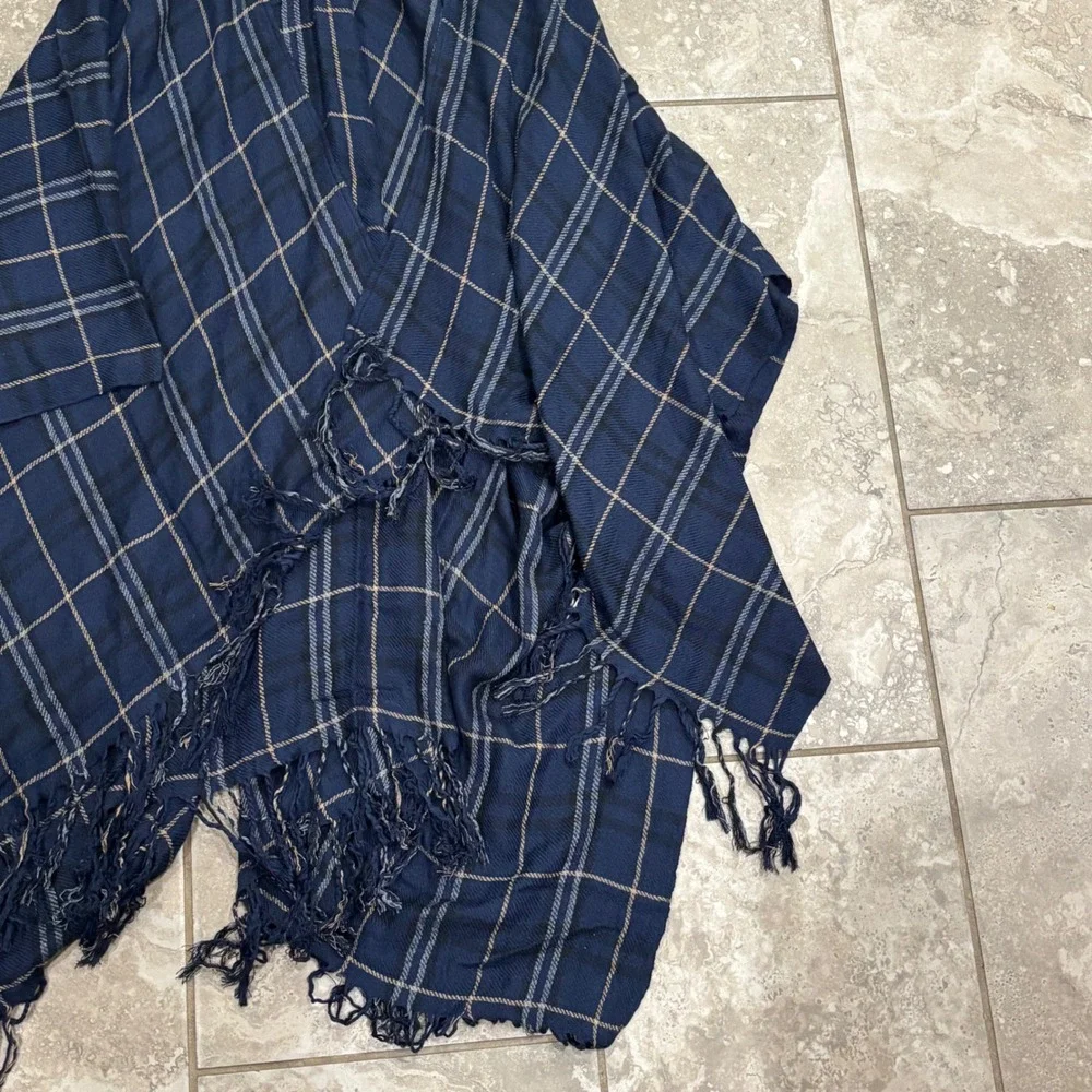 Abercrombie & Fitch Navy Blue Plaid Poncho Wrap Fringe Trim One Size